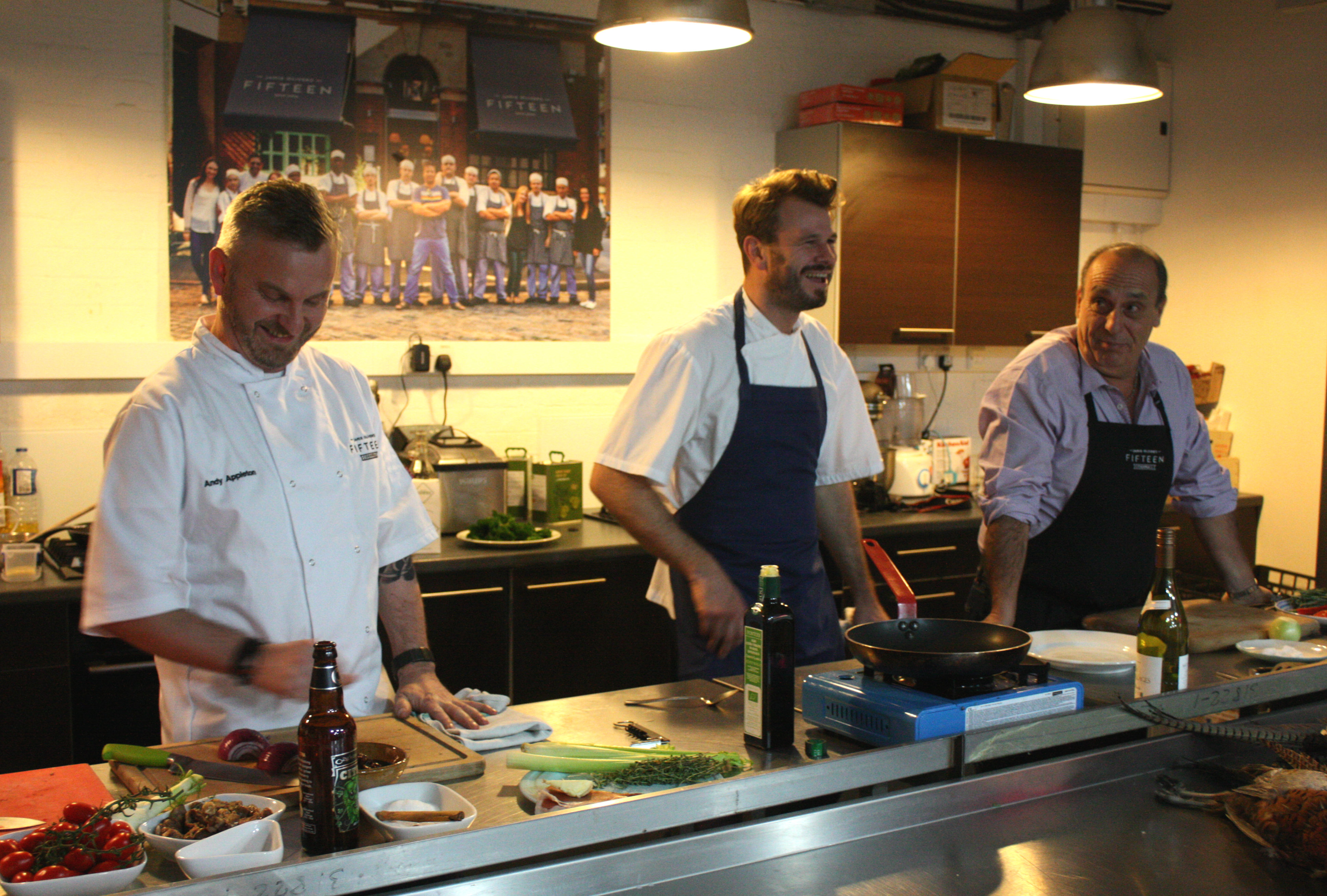 Chef line up (right to left) Gennaro Contaldo, Jon Rotheram, Andy Appleton